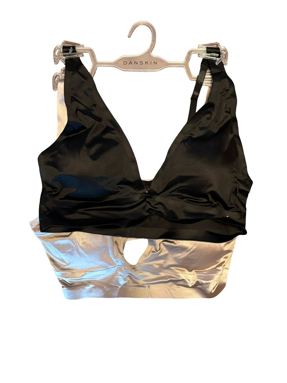 Danskin Black and Silver Satin Bralette with Cutout Detail
